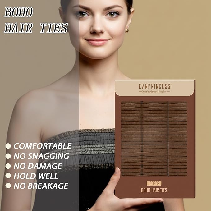 Nylon Brown Hair Ties - No Damage,Strong Soft Cotton Hair Bands Accessories for Thick Hair 100PCS Ponytail Holders for Women Girls