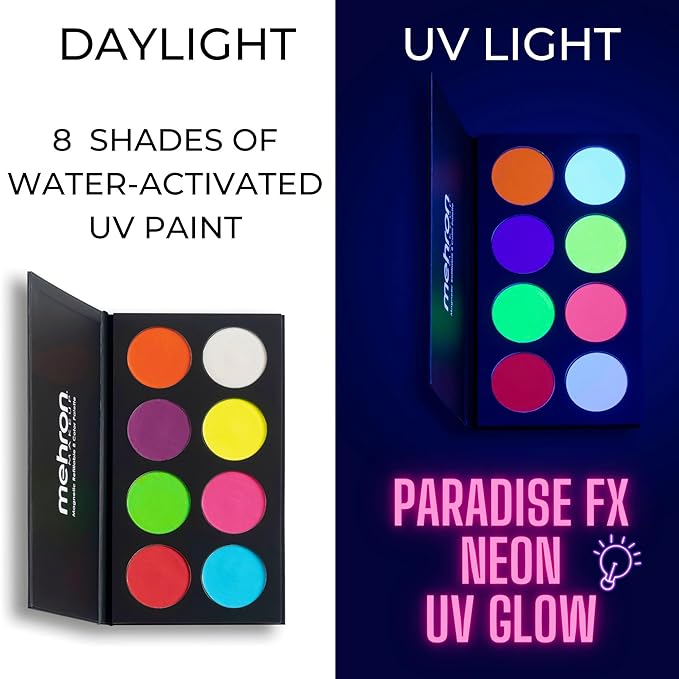 Mehron Makeup Paradise FX Neon UV Glow 8 Color Palette | Magnetic Refillable Special Effects Paint Palette | Professional Water Activated Paint for Raves, Costumes, SFX, Halloween, & Cosplay
