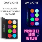 Mehron Makeup Paradise FX Neon UV Glow 8 Color Palette | Magnetic Refillable Special Effects Paint Palette | Professional Water Activated Paint for Raves, Costumes, SFX, Halloween, & Cosplay