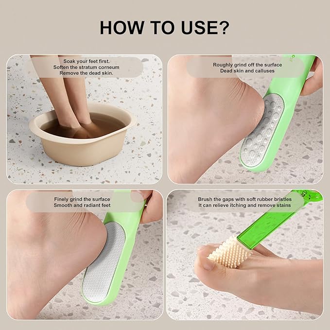 2-in-1 Pedicure Scrubber Tool - Stainless Steel Dual-Sided Foot File & Callus Remover, Durable Easy-to-Clean Rasp for Hard Dead Skin, Corn Removal & Soft Feet,Dry & Wet Use (Green)