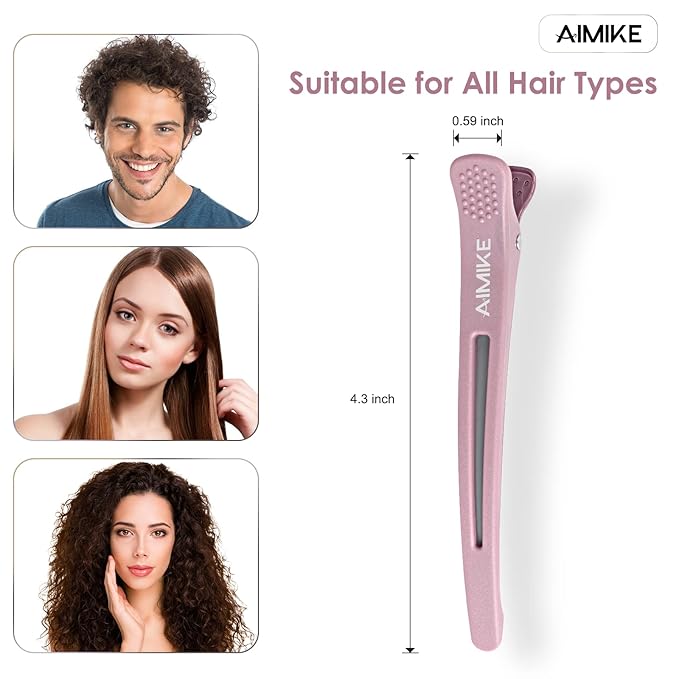 AIMIKE 12pcs Professional Hair Clips for Styling Sectioning, Anti-Slip No-Trace Duck Billed Hair Clips with Silicone Band, Salon and Home Hair Cutting Clips for Hairdresser, Women, Men - 4.3” Long