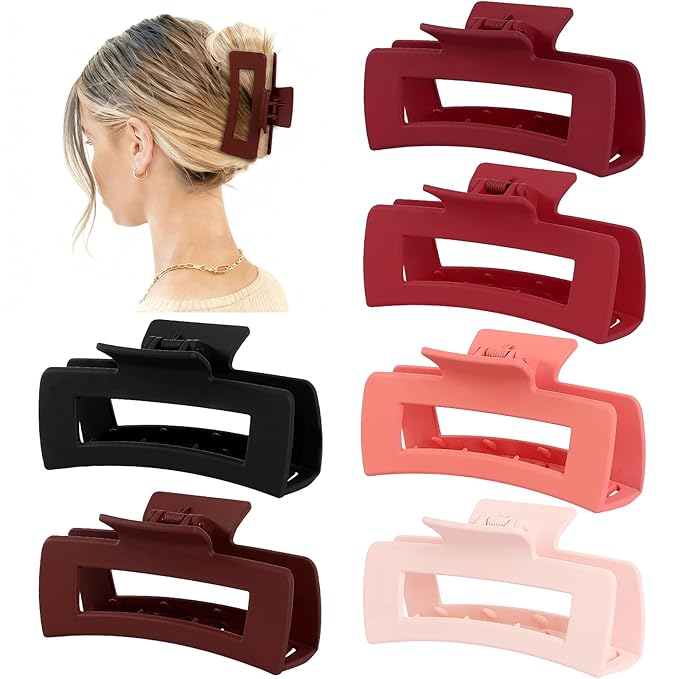 4 Inch Big Hair Claw Clips 6 Pcs Large Claw for Thick Hair Square Hair Clips for Women Rectangle Hair Clips Nonslip Acrylic Banana Jaw Clips Hair Accessories for Girls (Red)