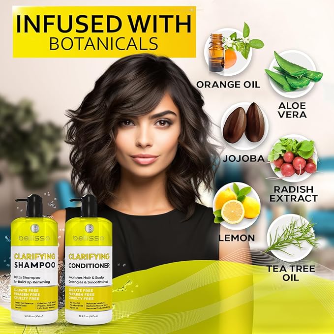 Clarifying Shampoo and Conditioner Set - Sulfate Free Hair Care Products for Women and Men - Build Up Remover for Curly, Straight, Color Treated, Oily and Black Hair - Hydrating Dry Split Ends Formula