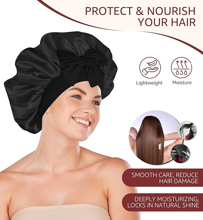 HiRui Silk Satin Bonnet for Sleeping Women, Double-Layer Sleep Cap Shower Cap with Adjustable Tie, Moisture Retaining Satin Lined Hair Bonnet for Curly and Natural Hair (Black, Medium)