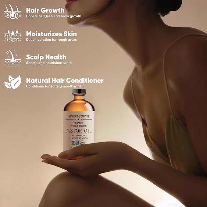 SPORTYOUTH Castor Oil Organic, Cold Pressed, Hexane Free, USDA Certified 100% Pure Glass Bottle 16oz Non-GMO Unrefined Carrier Oil for Hair Growth, Face, Castor Oil Pack, Eyelashes, Brows, Skin