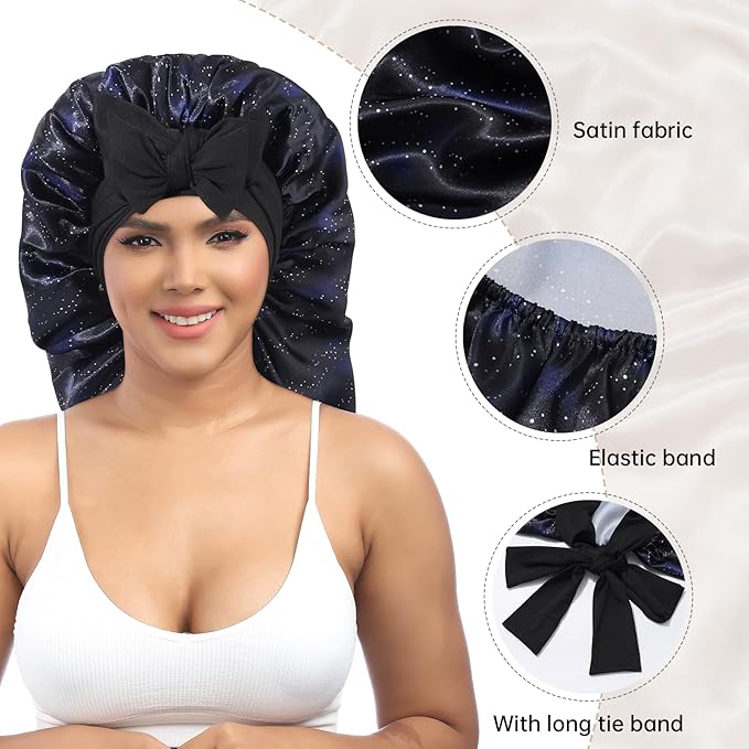 AWAYTR Long Satin Bonnet for Braids - Elastic Silk Hair Bonnets for Sleeping Night Cap Stretchy Tie Band for Women(Midnight)