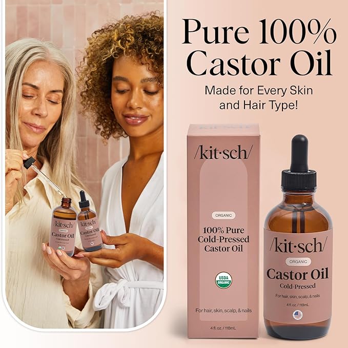 Kitsch Organic Castor Oil for Hair Growth - 100% Pure Castor Oil, Organic Cold Pressed Unrefined Glass Bottle for Face, Skin, Lashes, Brows, Scalp, Nails & Belly Button | Ideal Gifts for Women - 4 oz