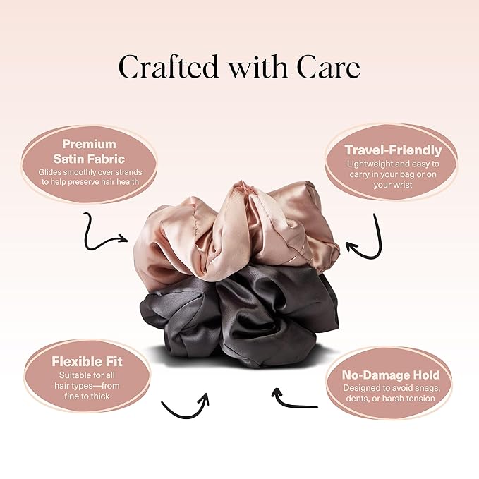 Kitsch Satin Hair Scrunchies for Women, Softer Than Silk Scrunchies for Hair - No Damage Satin Hair Ties, Ponytail Holders | Ideal Gifts for Women, 2pc (Blush/Charcoal)