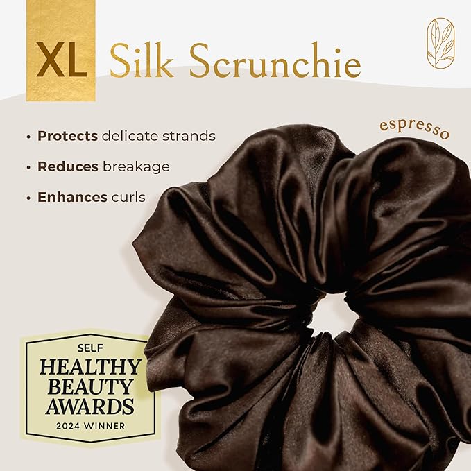 Silk Scrunchies for Women Ponytail Holders – Oversized Mulberry Silk Scrunchies – Extra Large No Damage Hair Ties for Curly, Thick, and Thin - Hair Accessories for Women – Espresso, XL By Curlfriend
