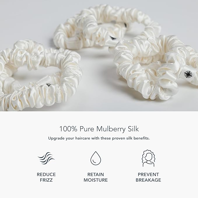 Fishers Finery 25 Momme Pure Mulberry Silk Skinny Scrunchies | Hair Tie Set for Thin Hair (Natural White- 6 Pk)