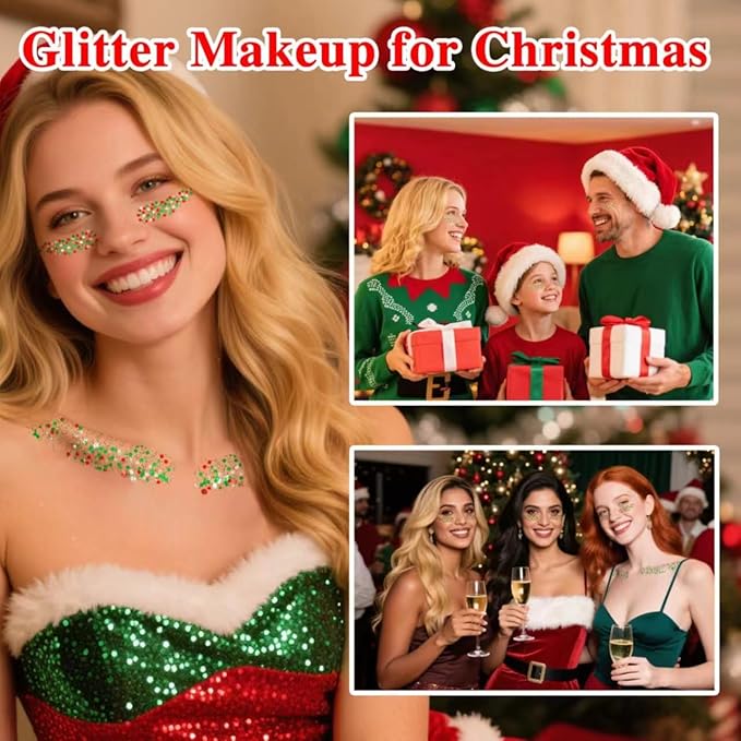 MEICOLY Christmas Face Glitter Stick,Hair Glitter for Women,Waterproof Sparkle Makeup Stocking Stuffers,Red Silver Green Body Glitter for Party Rave Costume Accessories
