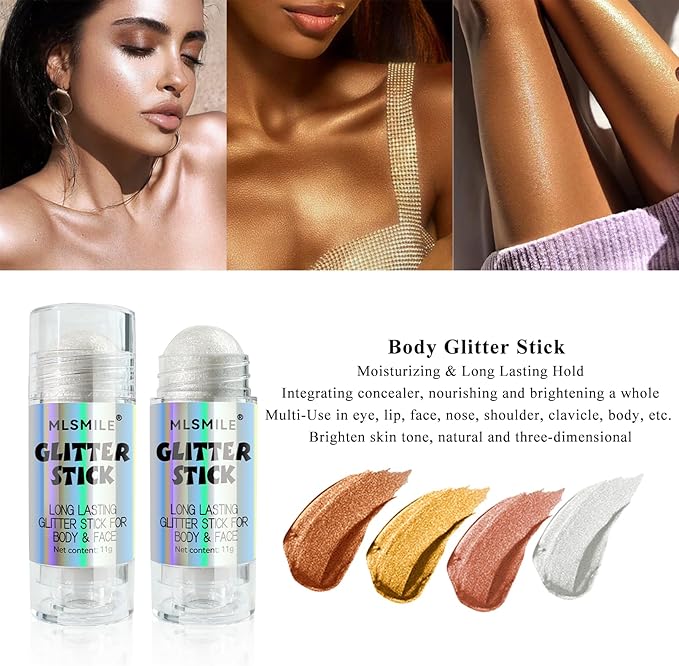 White Body Glitter Stick, Long Lasting Moisturizing Body Glitter for Women, Multi-Use Highlighter Makeup, Sparkling Face Glitter Mermaid Makeup for Kids, Travel Size for Daily, Festival, Party