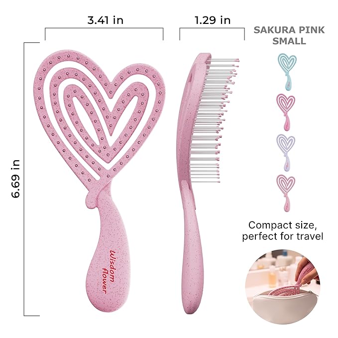 Detangler Brush – Heart-Shaped Detangling Brush for Curly, Wavy, Thick Hair – Sakura pink Hairbrush for Women with Bowl-Curve, Flexible Bristles, Blow Dryer Safe, Small