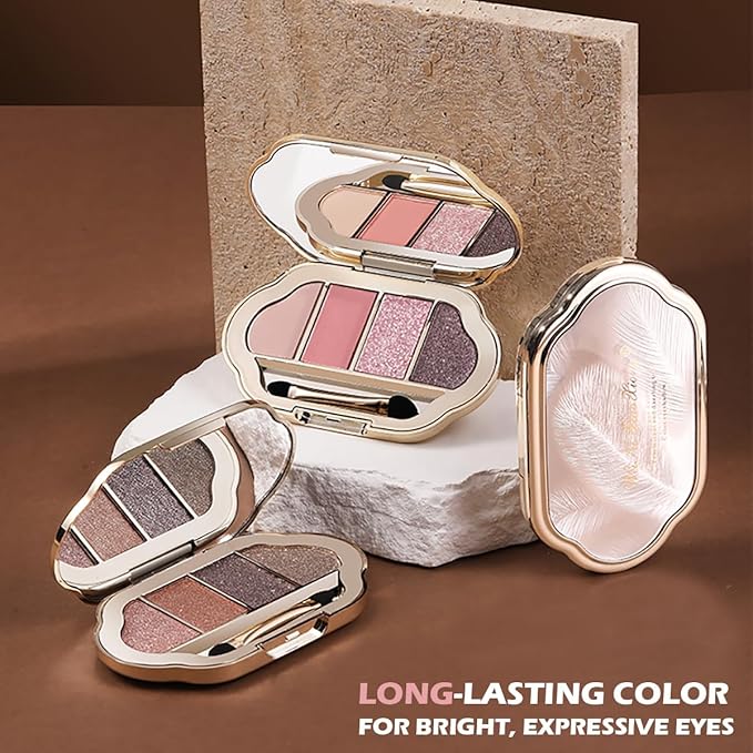 Nude Eyeshadow Palette 4 Colors, Smoky Pink Rose Matte Shimmer Eye Shadow Quad, Soft Pink Neutral Shades, High Pigment Long-Lasting Blendable Formula, Perfect for Romantic Daily Looks, 4#