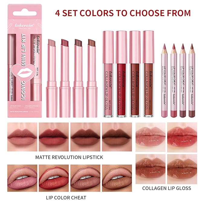 3PCS Lip Liner and Lipstick Combo Set - Matte Lip Liner Pencil, Velvet Matte Lipstick & Hydrating Collagen Lip Gloss - Long-Lasting, Smudge-Proof, High Pigment Nude Brown Lip Makeup Kit (#2 Red Rose)