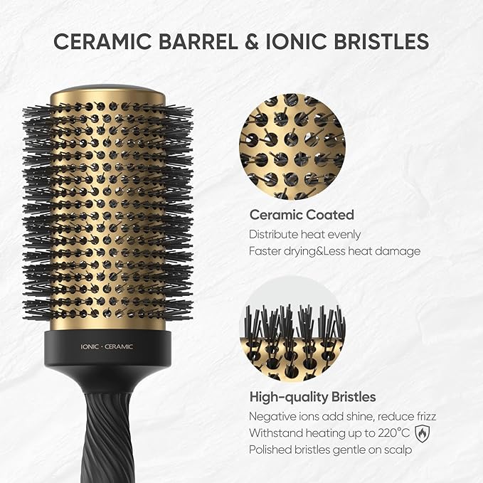 2 in 1 Ceramic Round Brush for Blow Drying,Ceramic Barrel for Hair Styling, Anti-static Bristles, Enhance Texture Volume, for Women & Men,with 4 Hair Clips (2.1 Inch&1.3 Inch)