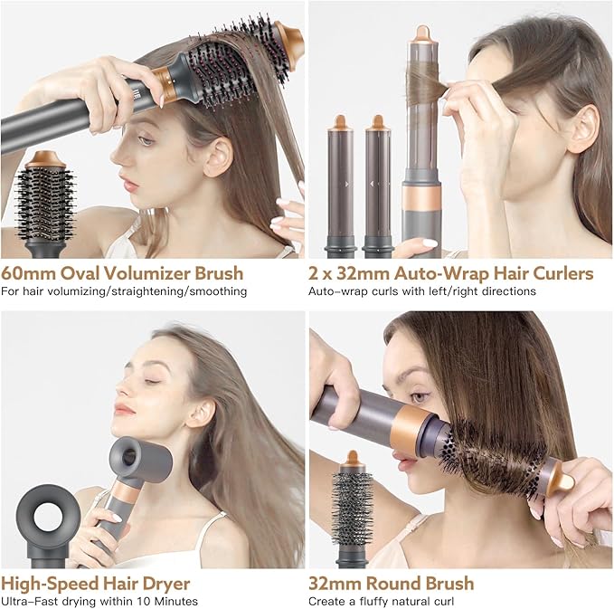 Hair Dryer Hot Air Styler: High-Speed Blow Dryers with Negative Ionic for Fast Drying Frizz Control, Airflow Auto Wrap Curling Iron Curler Oval Volumizer Round Brush for Styling Smoothing Volumizing