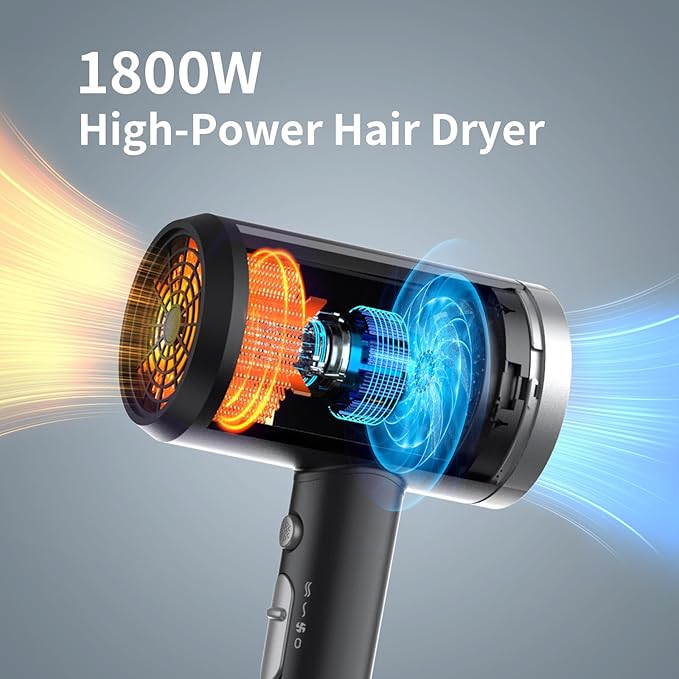 Ionic Hair Dryer with Diffuser, 1800W Blow Dryer for Women & Men, Fast-Drying, Lightweight, Low Noise, Hair Care Styling Tool for Home, Travel, Gifting