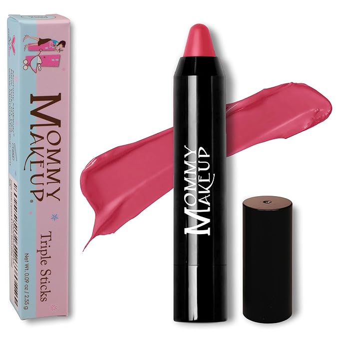 Mommy Makeup Triple Sticks Lipstick, Cream Blush & Treatment All-In-One with Shea & Cocoa Butter - Soft & Creamy Moisturizing Lip Crayon For Lips & Cheeks (Mon Cherie)