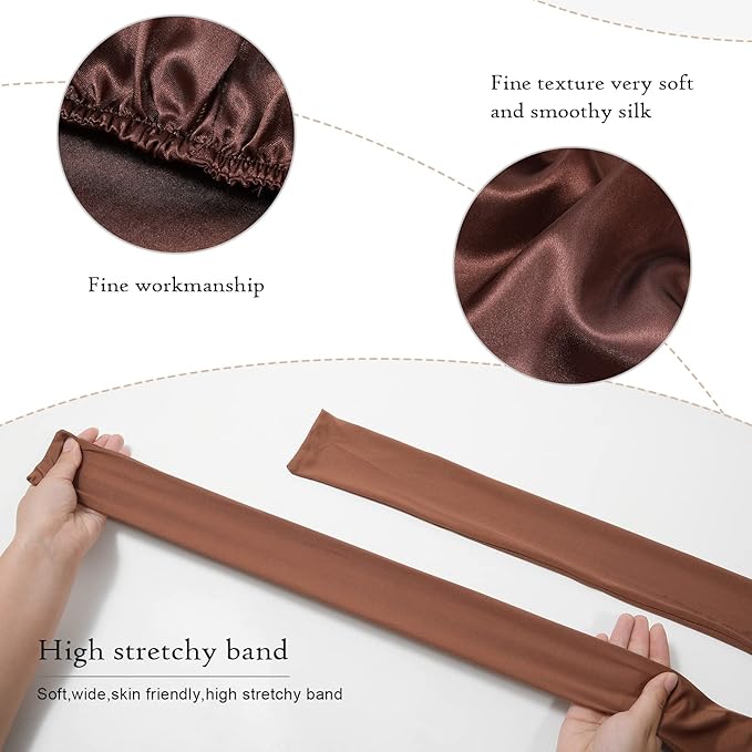 AWAYTR Long Satin Bonnet for Braids - Elastic Silk Hair Bonnets for Sleeping Night Cap Stretchy Tie Band for Women（Brown）