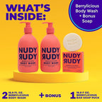 Nudy Rudy Berrylicious 2 Pack, Liquid Body Wash Bundle with Bonus Soap Bar, Aloe Vera and Vitamin E, Moisturizing Shower Gel, Body Wash and Bar Soap for Men and Women 16.9 fl oz and 4.2 oz