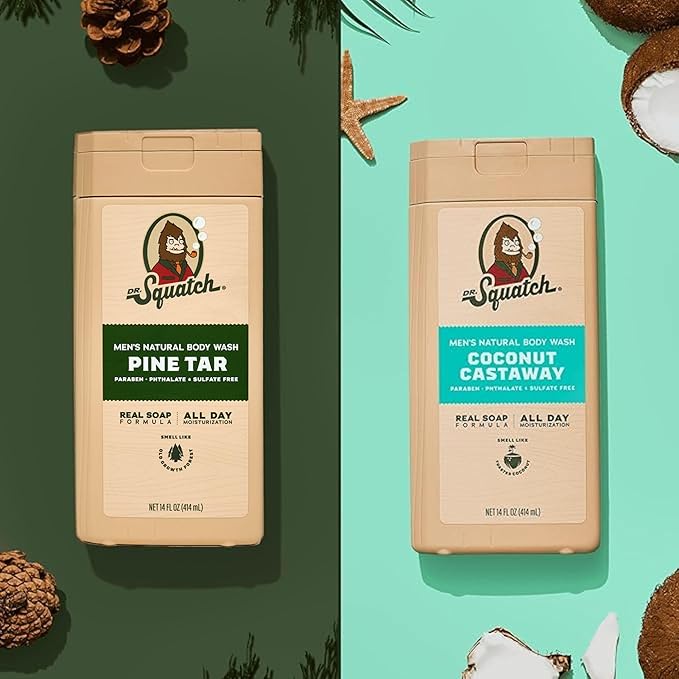 Dr. Squatch NEW Body Wash for Men with Nourishing, Natural Ingredients | No Paraben, Phthalate, Sulfate | All Day Moisture | Long Lasting Scent | Pine Tar & Coconut Castaway (14 oz, 2-Pack)