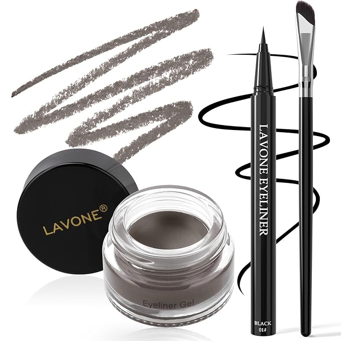 LAVONE Eyeliner Set - Waterproof Makeup Kit with Liquid eyeliner Pencil, Gel Eyeliner & Angled Eye liner Brush, Waterproof, Smudge Resistant, Long Lasting Formula - Gray