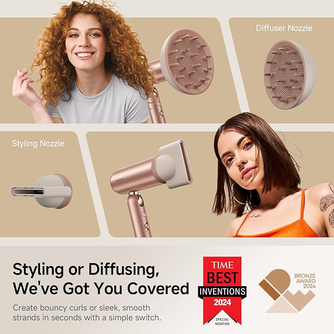 Dreame Pocket Pro Hair Dryer, Dual Voltage Travel Blow Dryer with Diffuser, 1300W Professional HighSpeed Ionic Hair Blower, Fast Drying, Low Noise, Lightweight, No Heat Damage, Global Travel 120V/240V