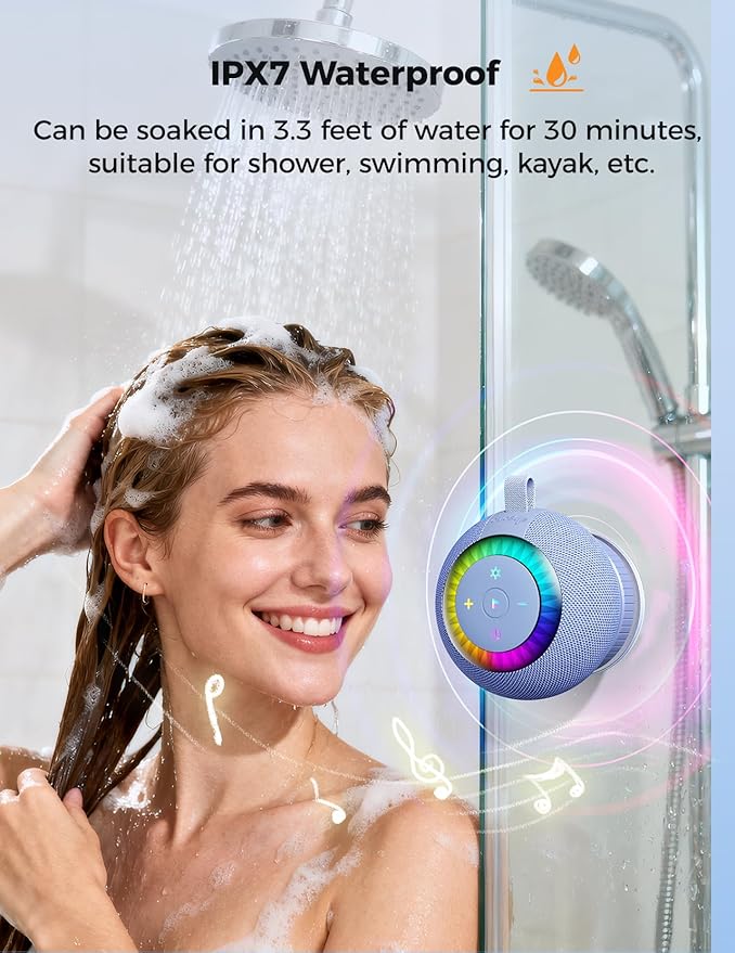 Shower Speaker Bluetooth Waterproof Portable: Birthday Christmas White Elephant Gifts Stocking Stuffers for Adults Teens, IPX7 Loud Sound with Suction Cup Removable, Cool Gadgets with Light-Blue