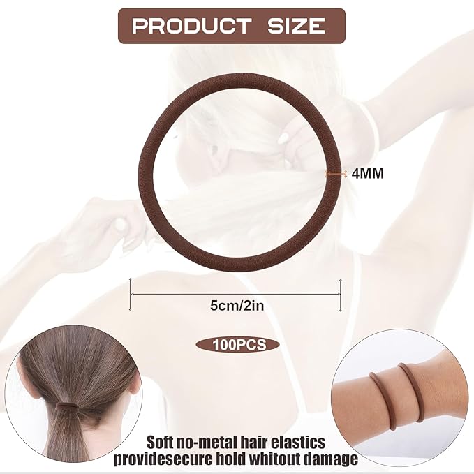 100PCS Hair Bands, 4MM Large Ponytail Holders, Brown - 2 Inch in Diameter Rubber Bands for Medium to Thick Hair, Curly Hair, Women or Girls