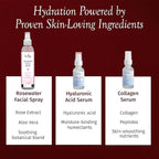 Reviva Labs Ultimate Hydration Trio – 3-Piece Hydrating Skincare for Dry Skin featuring Rosewater Facial Spray, Hyaluronic Acid Serum, and Collagen Serum for Face – Winter Skincare Gift Set for Women
