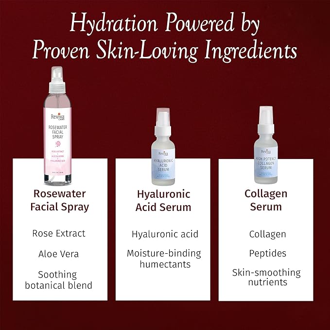 Reviva Labs Ultimate Hydration Trio – 3-Piece Hydrating Skincare for Dry Skin featuring Rosewater Facial Spray, Hyaluronic Acid Serum, and Collagen Serum for Face – Winter Skincare Gift Set for Women