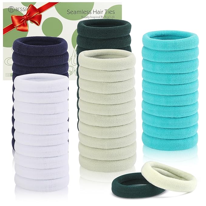 Bessrung 100 PCS Seamless Nylon Hair Ties, No Damage Elastics Hair Ties for Women Girls, Soft Stretchy Ponytail Holders for Thin Thick Hair, Snag-Free Hair Bands Christmas Gift(Gradient Blue)