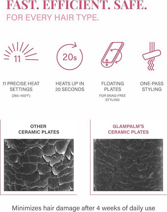 GLAMPALM Hair Straightener 1" Ceramic Flat Iron Infused with Vita C, Korea's No.1 Professional Salon Tool, 3D Swivel Cord & Dual Voltage, Digital LED(210°–450°), 20s Fast Heat-Up, Blush Pink (GP201T)
