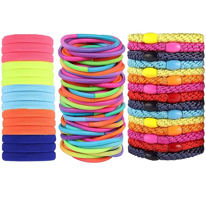 Hair Ties for girls 3 popular styles hair accessories Hair Elastics (15pcs No Damage Hair Ties 50pcs High Elastic Ties 15pcs Ponytail Holders) Pain-free No Crease multiple colors for all hair types