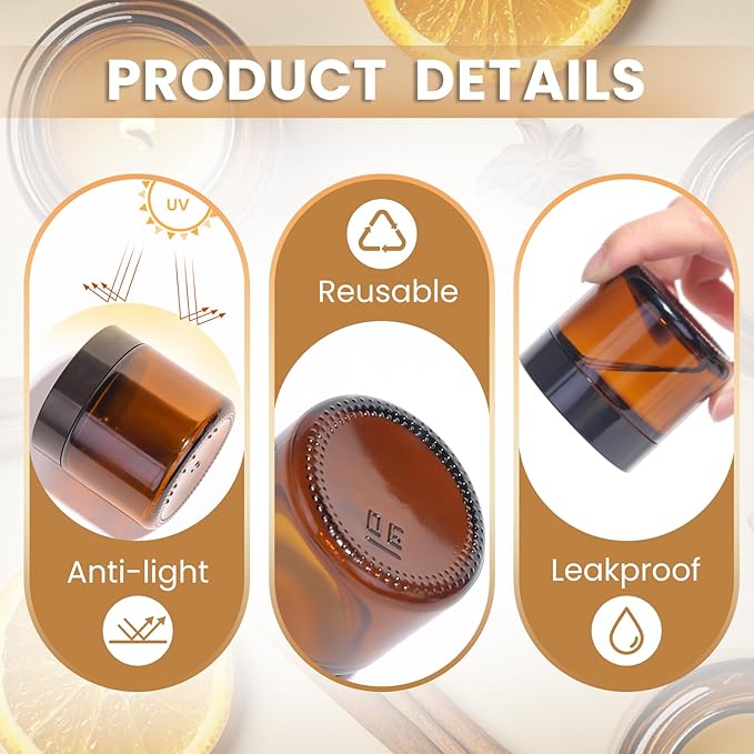 2oz Amber Glass Jars with Lids - 40 Pack Brown Small Cosmetic Containers with Inner Liners, Wide-Round Smooth Mouth, Sealable for Creams, Lotions, Essential Oils, Body Butter, Travel Samples