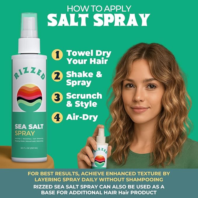Rizzed™ Sea Salt Spray for Hair Men - Texturizing Spray with Castor Oil & Naturally Sourced Ocean Salts - Texture Sea Salt Sprays for Men - Surf Sprays to Add Volume and Beach Hair - 8.5oz