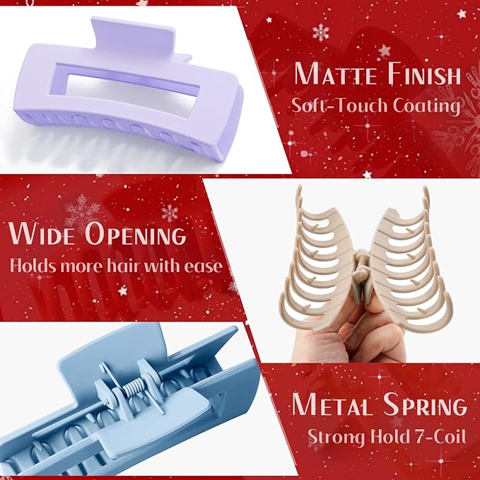 TOCESS Jumbo 4.33 Inch Hair Claw Clips for Women, 8 Pack Matte Non-Slip Rectangle Clips for Thick, Curly, Long or Straight Hair Girls