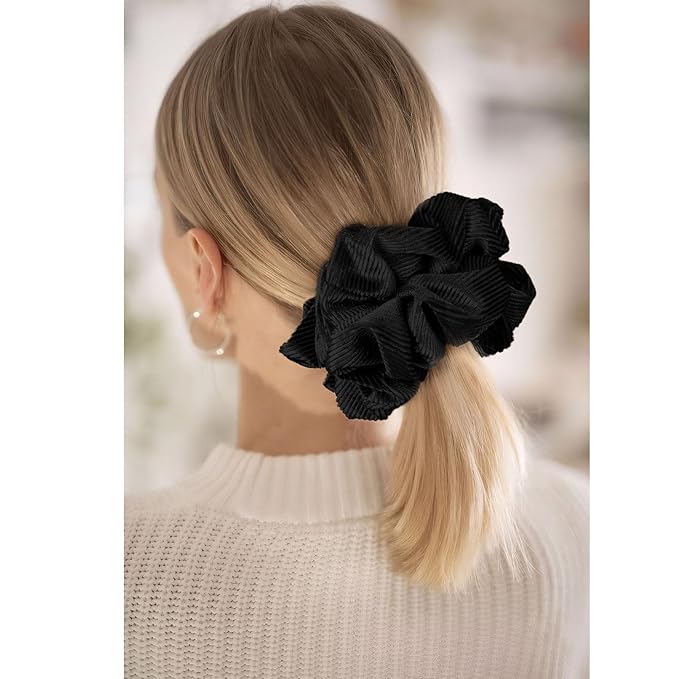CEELGON Black Big Corduroy Scrunchie 6.5 Inches Jumbo Scrunchies Hair Ties Oversized Ponytail Holder for Thick Curly Hair Extra Large Hair Accessories for Women (Black)