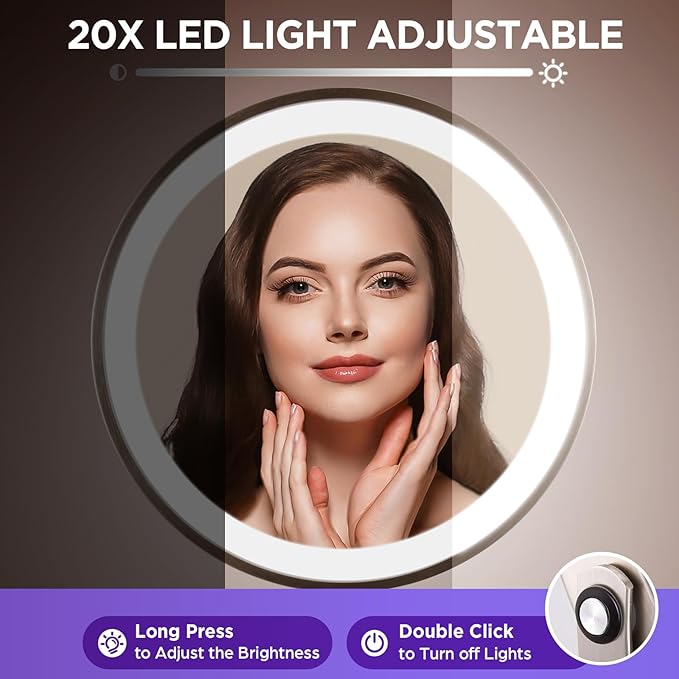 20x Magnifying Mirror with Light, 3 Color Modes and Adjustable Brightness with Lighted Makeup Mirror, Side Charging Port & SideTouch Sensor, 360° Rotation Double Sided Brushed Nickel