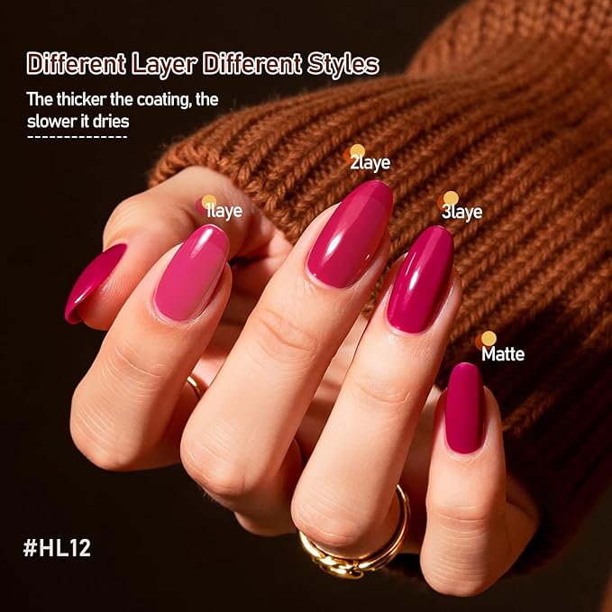 12Pcs Rose Nail Polish Set with Base and Top Coat Burgundy Dark Wine Cherry Red Hot Pink Fingernail Polish Kit Air Quick Dry Regular Finger Nail Polish Pack for Women Gift Holiday