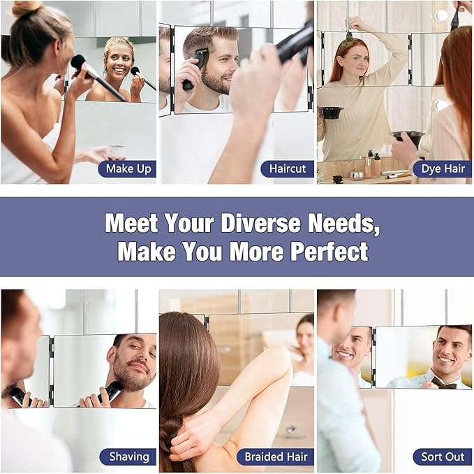 3 Way Mirror for Men & Women - Trifold Self Haircut Mirror, 360° View with Height Adjustable Hooks, Anti-Fog HD Glass for Shaving, Makeup, Braiding, Dye Hair, Travel Friendly Grooming Tool