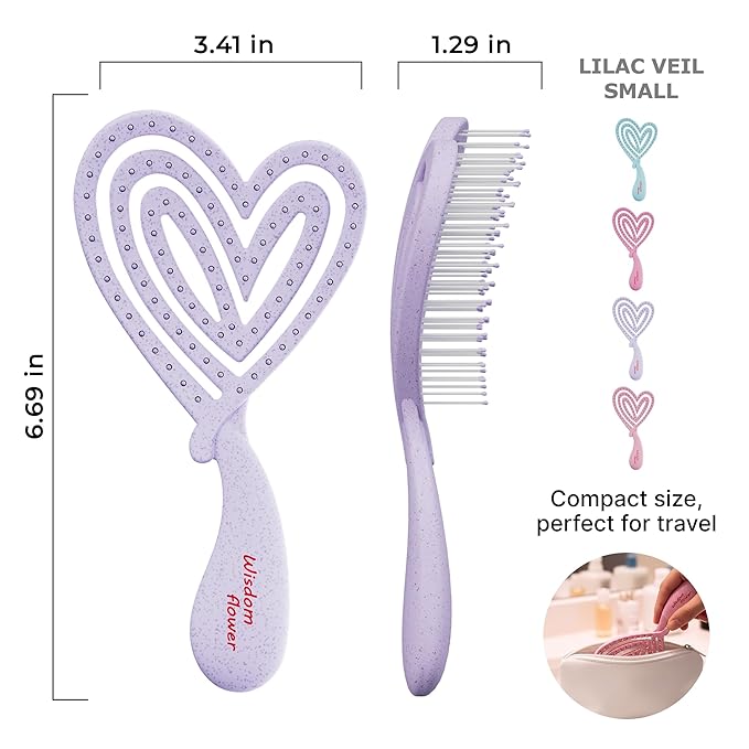 Detangler Brush – Heart-Shaped Detangling Brush for Curly, Wavy, Thick Hair – Lilac Veil Hairbrush for Women with Bowl-Curve, Flexible Bristles, Blow Dryer Safe, Small