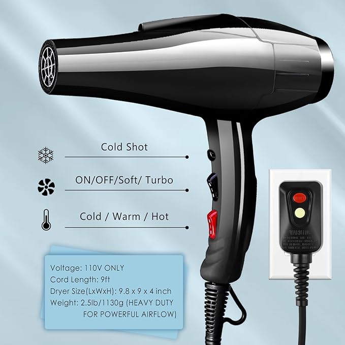 Hair Dryer, 3500 Watt Professional Salon Ionic Blow Dryer with AC Motor, 3 Heat Settings, 2 Speeds, Cool Shot Button, Tourmaline Ceramic, Concentrator & Diffuser Attachments, Black,110V