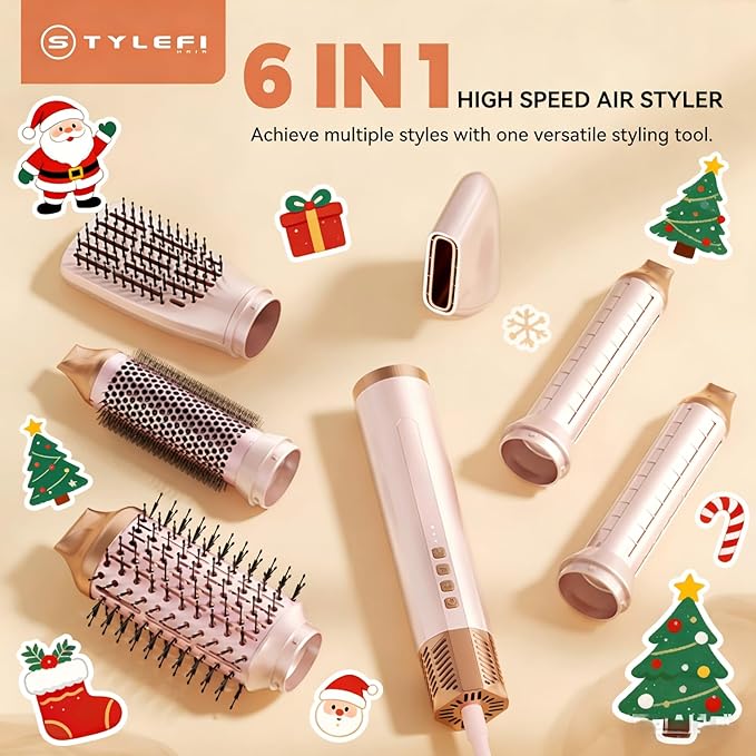 6 in 1 Hair Styler,110-120V Hair Dryer Brush,110,000 RPM High-Speed,Negative Ion & 4 Adjustable Temp Hot-Air Hair Brush,Detachable Hot Air Styler Set for Women (Pink Gold)