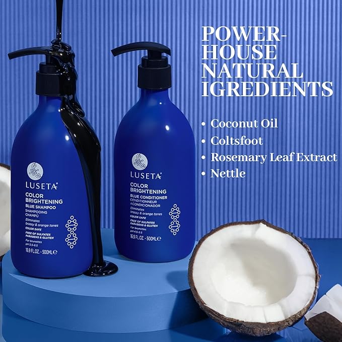 Luseta Blue Shampoo for Brassy Hair and Brunettes, Level Up Tones Down Orange & Copper Hues, Blue Shampoo and Conditioner for Color Treated Hair, Targets Brassy and Refresh cool-toned colors 2x16.9oz