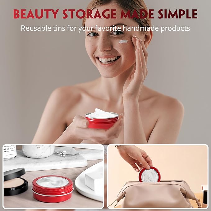 24 Pack 2 Ounce Screw Top Aluminum Tin Jar with Screw Clear Lid and Blank Labels, Refillable 60ml Metal Containers for Lip Balms, Candles, Salves, Spices, Crafts (Red)