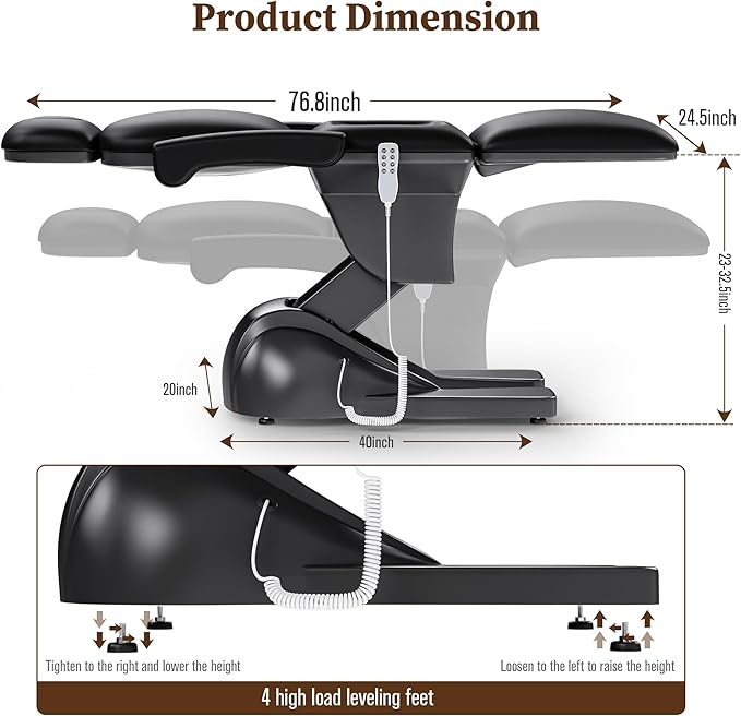 3 Motor Electric Esthetician Bed, Fully Electric Facial Chair with Adjustable Height, Backrest and Footrest, Spa Chair with Armrest & Heavy Duty Base, PU Leather for Spa, Tattoo, Eyelash and So On