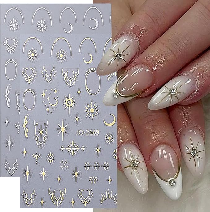 12 Sheets Gold Moon Star Nail Art Stickers Decals Luxury Metallic Silver Nail Stickers Sun Stars Moon Nail Art Design with Starlight Moon Charm Nail Adhesive Sliders for Women Manicure Decoration