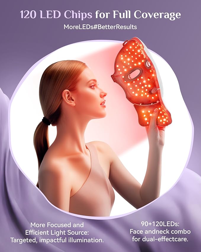 FOLOKE LED Light Therapy Mask Skin Care Mask, LED face & neck Red 630±5nm & NIR 830nm Wavelength,USB C Rechargeable for Home Use Working Travel Yoga (Sakura Pink